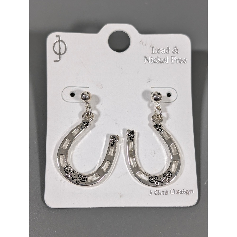 New Silver Tone Horseshoe Scroll Dangle Earrings Pierced Western Equestrian NWT